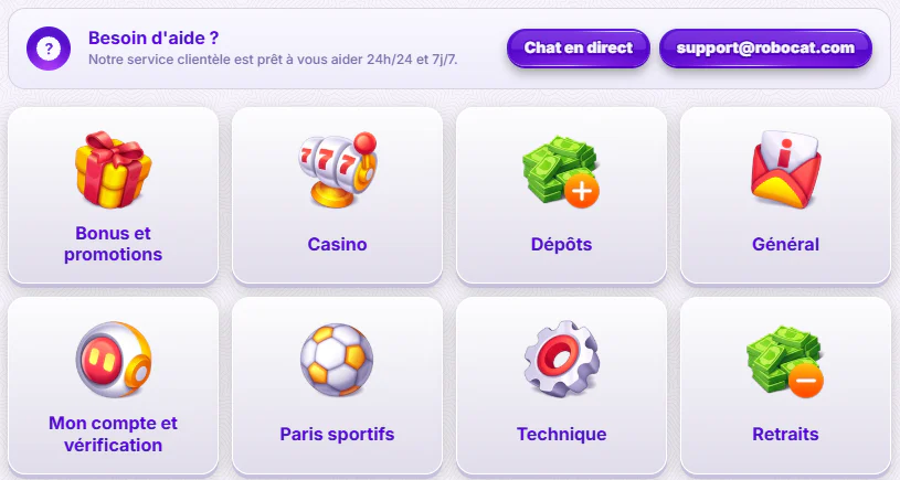 Centre d’aide du casino Robocat avec assistance 24h/24, chat en direct et catégories de support