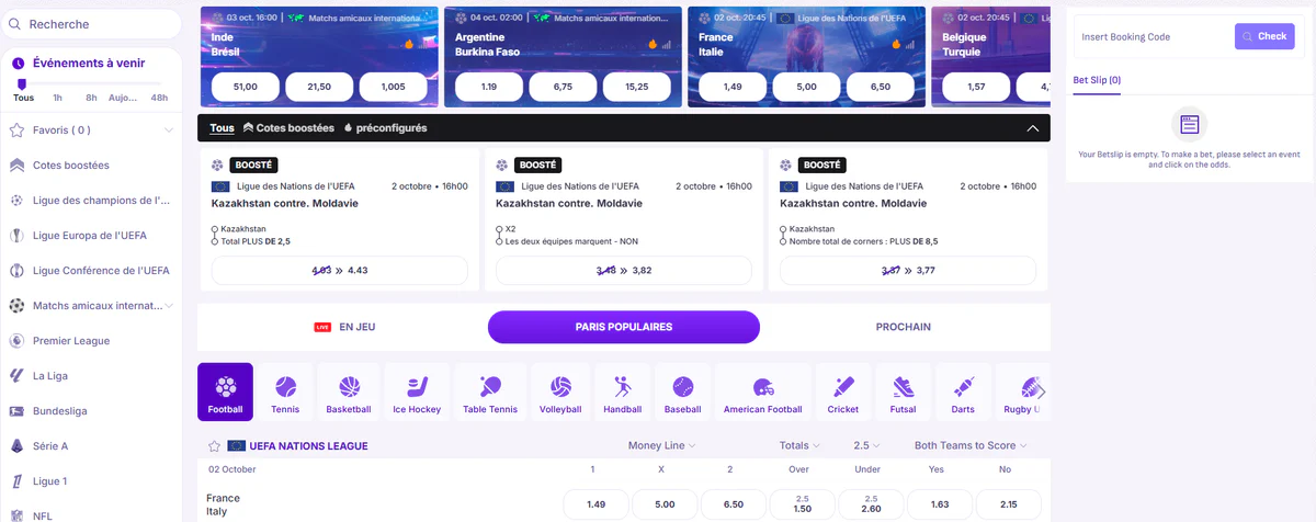 Interface de paris sportifs du casino Robocat avec matchs de football, cotes boostées et ticket de pari